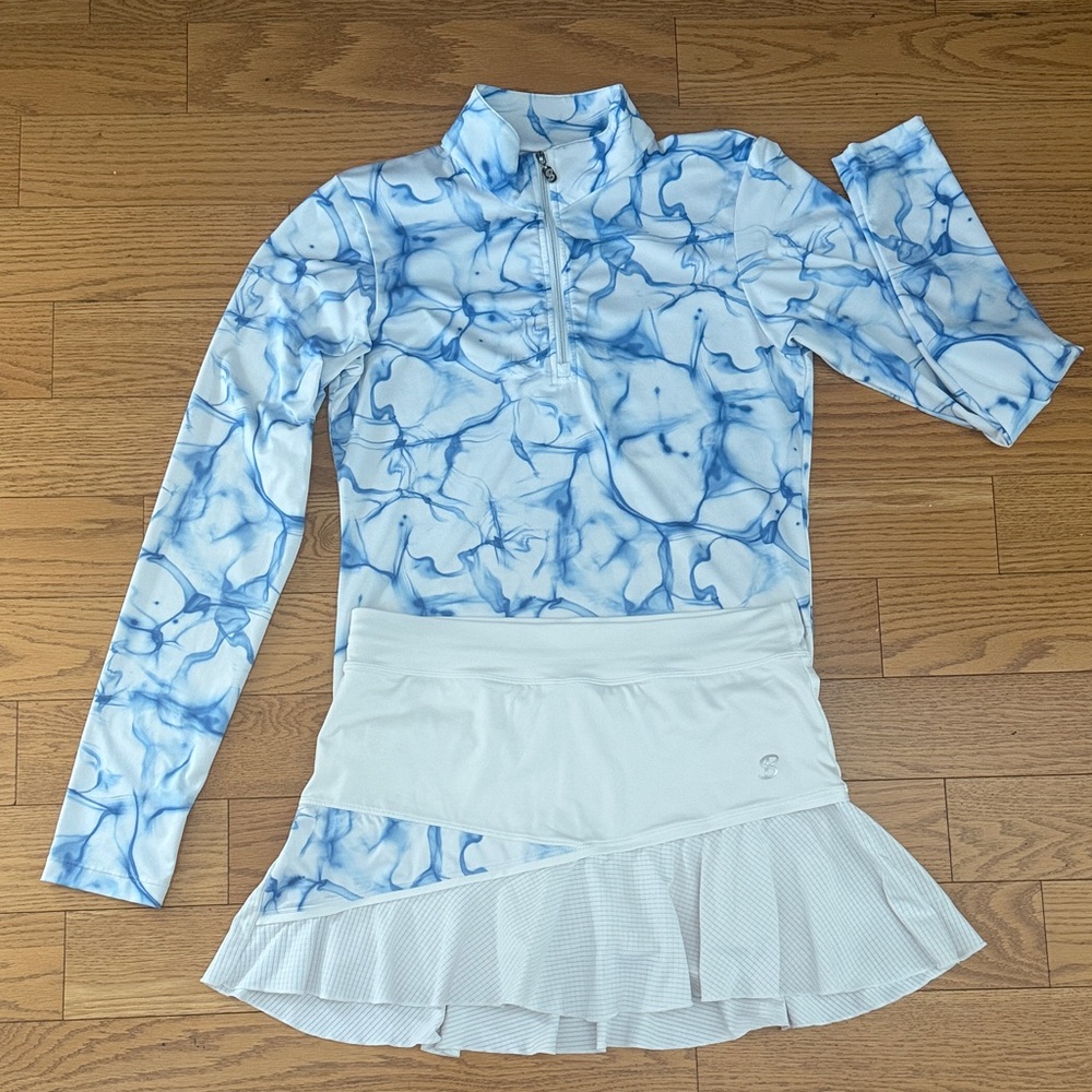 SOFIBELLA TENNIS PICKLEBALL SET blue white Long Sleeve TOP SHIRT SKORT SKIRT S